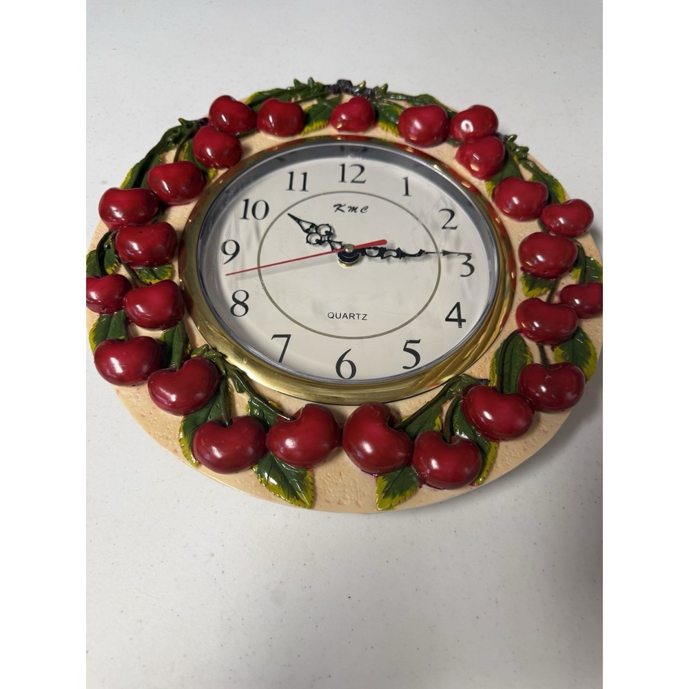 Vintage Red Cherries Fruit Relief Ceramic Quartz Wall Clock Cottagecore